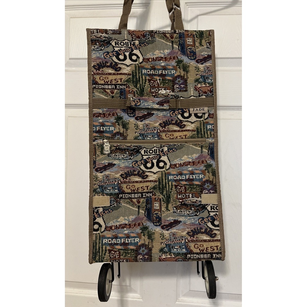 Jade Tapestry Route 66 Vintage Wheeled Shopping Travel Tote Bag